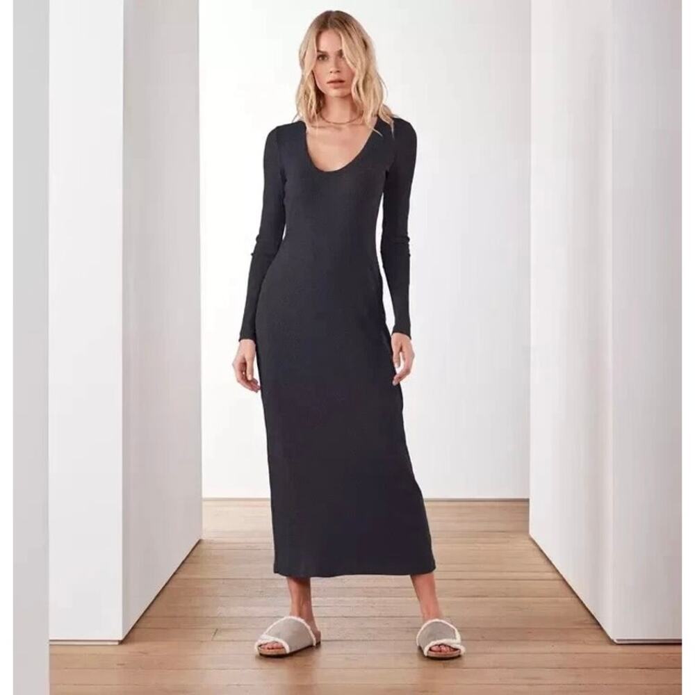 EUC James Perse Thermal Long Sleeve Maxi Dress‎ Black Cotton Scoop Neck Rib Knit